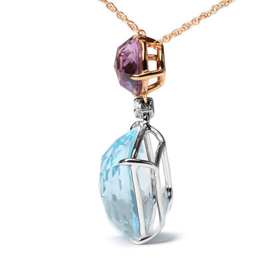 Original 18K White and Rose Gold Round Diamond Accent & Rose De France Pink Amethyst & Cushion Cut Sky Blue Topaz Dangle Drop 18" Necklace