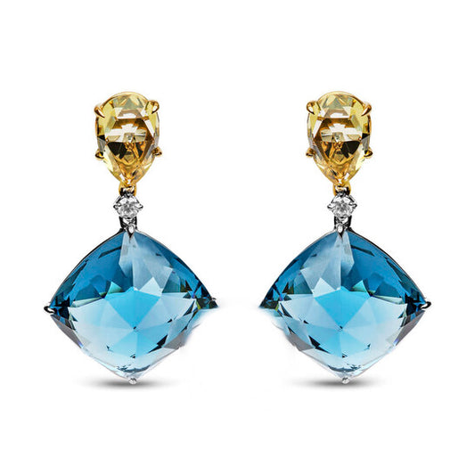 Original 18K White and Yellow Gold 1/5 Cttw Diamond with Pear Cut Lemon Quartz, and Cushion Cut London Blue Topaz Gemstone Dangle Earring