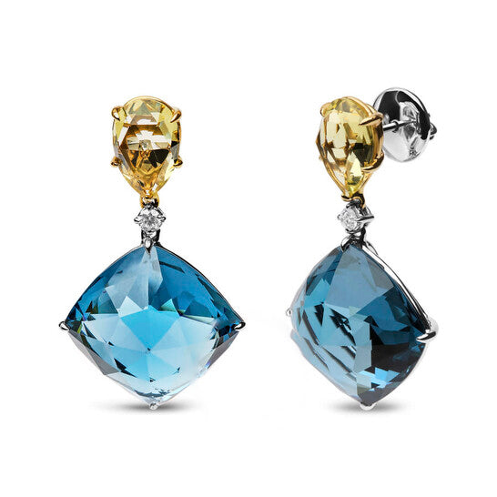 Original 18K White and Yellow Gold 1/5 Cttw Diamond with Pear Cut Lemon Quartz, and Cushion Cut London Blue Topaz Gemstone Dangle Earring