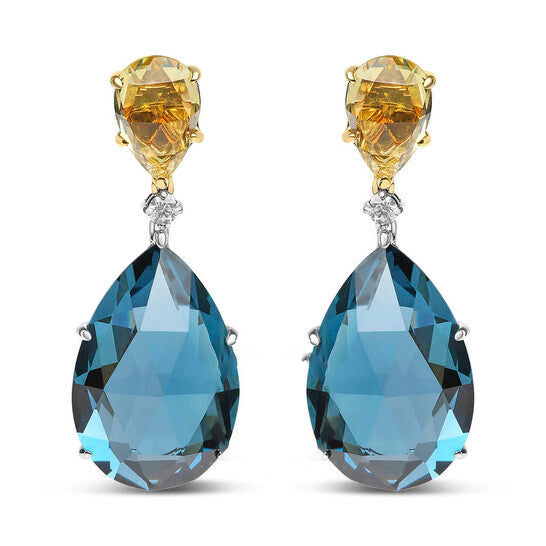 Original 18K White and Yellow Gold 1/5 Cttw Diamond with Pear Cut Lemon Quartz and Pear Cut London Blue Topaz Gemstone Dangle Earring (G-H, SI1-SI2)