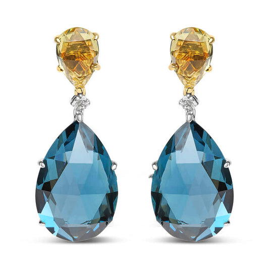 Original 18K White and Yellow Gold 1/5 Cttw Diamond with Pear Cut Lemon Quartz and Pear Cut London Blue Topaz Gemstone Dangle Earring (G-H, SI1-SI2)