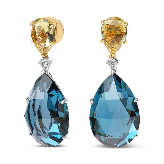 Original 18K White and Yellow Gold 1/5 Cttw Diamond with Pear Cut Lemon Quartz and Pear Cut London Blue Topaz Gemstone Dangle Earring (G-H, SI1-SI2)