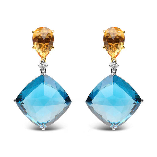 Original 18K White and Yellow Gold 1/6 Cttw Diamond with Pear Cut Yellow Citrine and 20mm Cushion Cut Blue Topaz Gemstone Dangle Earrings