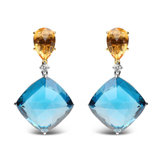 Original 18K White and Yellow Gold 1/6 Cttw Diamond with Pear Cut Yellow Citrine and 20mm Cushion Cut Blue Topaz Gemstone Dangle Earrings