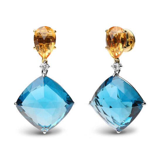 Original 18K White and Yellow Gold 1/6 Cttw Diamond with Pear Cut Yellow Citrine and 20mm Cushion Cut Blue Topaz Gemstone Dangle Earrings