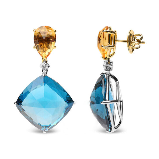 Original 18K White and Yellow Gold 1/6 Cttw Diamond with Pear Cut Yellow Citrine and 20mm Cushion Cut Blue Topaz Gemstone Dangle Earrings