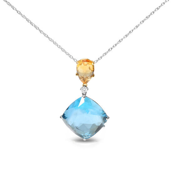 Original 18K White and Yellow Gold Diamond Accent and Yellow Citrine and Sky Blue Topaz Gemstone Dangle Drop 18" Pendant Necklace (G-H, SI1-SI2)