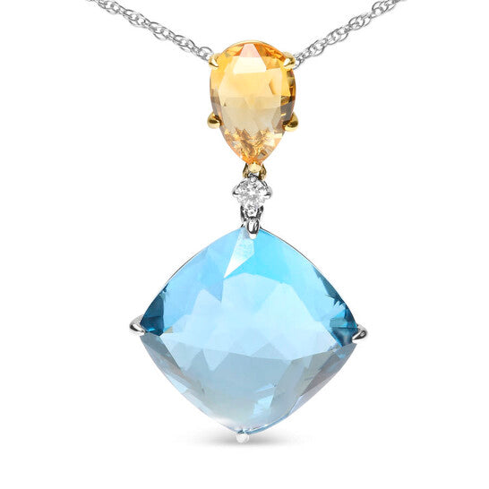 Original 18K White and Yellow Gold Diamond Accent and Yellow Citrine and Sky Blue Topaz Gemstone Dangle Drop 18" Pendant Necklace (G-H, SI1-SI2)