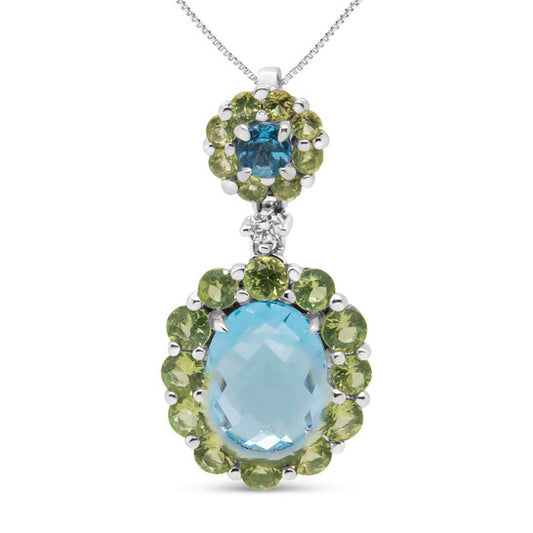 Original 18k White Gold 0.05 Cttw Round Diamond and Blue Topaz and Green Peridot Gemstone Halo Drop 18" Pendant Necklace (F-G Color, VS1-VS2 Clarity)