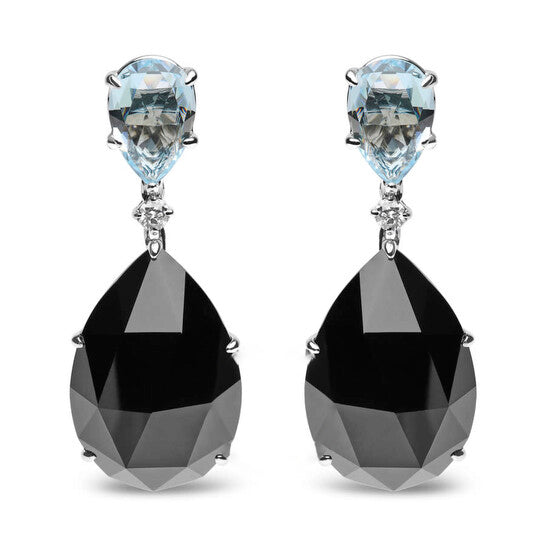 Original 18K White Gold 1/5 Cttw Diamond with Pear Cut Sky Blue Topaz and Pear-Cut Black Onyx Gemstone Dangle Earring (G-H Color, SI1-SI2 Clarity)