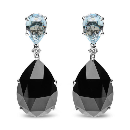 Original 18K White Gold 1/5 Cttw Diamond with Pear Cut Sky Blue Topaz and Pear-Cut Black Onyx Gemstone Dangle Earring (G-H Color, SI1-SI2 Clarity)