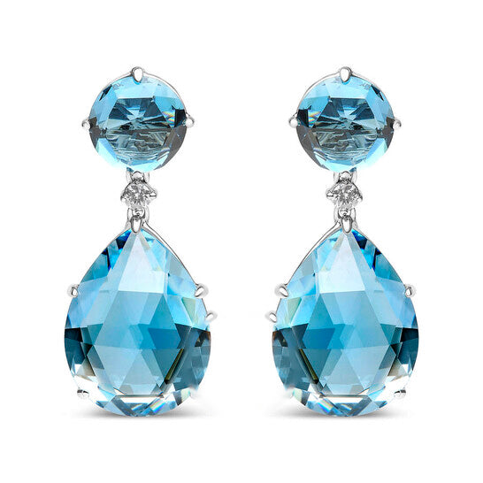 Original 18K White Gold 1/5 Cttw Diamond with Round London Blue Topaz and 20 x 15mm Pear Cut Sky Blue Topaz Gemstone Dangle Earring