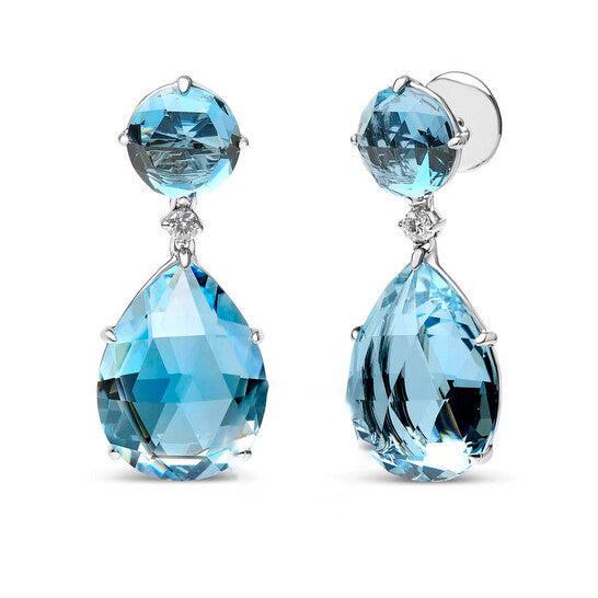 Original 18K White Gold 1/5 Cttw Diamond with Round London Blue Topaz and 20 x 15mm Pear Cut Sky Blue Topaz Gemstone Dangle Earring