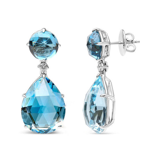 Original 18K White Gold 1/5 Cttw Diamond with Round London Blue Topaz and 20 x 15mm Pear Cut Sky Blue Topaz Gemstone Dangle Earring