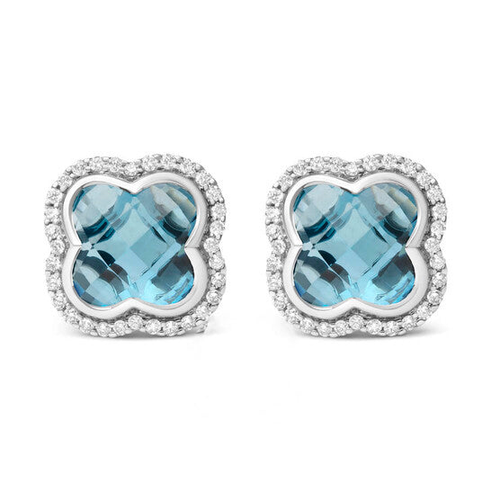 Original 18K White Gold 3/8 Cttw Diamond and 11x11mm Clover-Cut London Blue Topaz Gemstone Halo Clover Stud Earrings (G-H Color, SI1-SI2 Clarity)