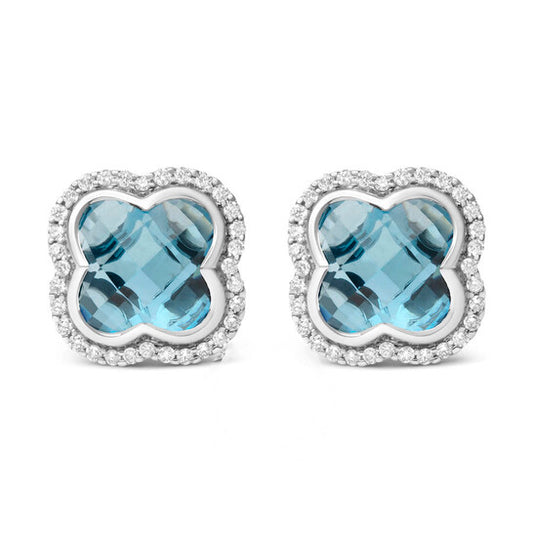 Original 18K White Gold 3/8 Cttw Diamond and 11x11mm Clover-Cut London Blue Topaz Gemstone Halo Clover Stud Earrings (G-H Color, SI1-SI2 Clarity)