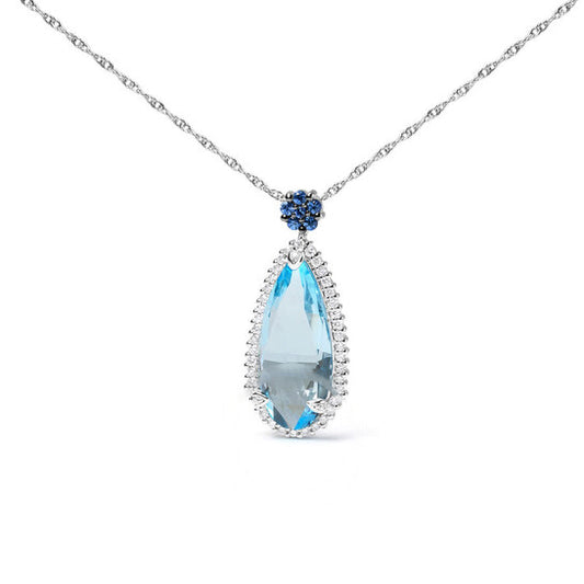 Original 18K White Gold 3/8 Cttw Pave Set Diamond and Sky Blue Topaz and Blue Sapphire Gemstone Floral Teardrop Halo 18" Pendant Necklace