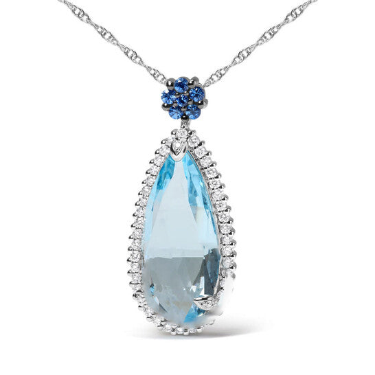 Original 18K White Gold 3/8 Cttw Pave Set Diamond and Sky Blue Topaz and Blue Sapphire Gemstone Floral Teardrop Halo 18" Pendant Necklace