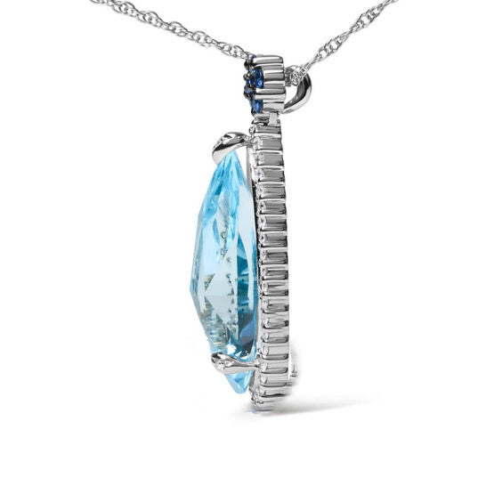 Original 18K White Gold 3/8 Cttw Pave Set Diamond and Sky Blue Topaz and Blue Sapphire Gemstone Floral Teardrop Halo 18" Pendant Necklace