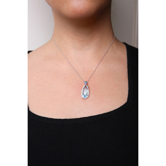 Original 18K White Gold 3/8 Cttw Pave Set Diamond and Sky Blue Topaz and Blue Sapphire Gemstone Floral Teardrop Halo 18" Pendant Necklace