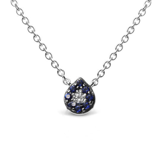 Original 18K White Gold Diamond Accent and 1mm Round Blue Sapphire Gemstone Halo Teardrop Pendant Necklace (G-H, SI1-SI2)