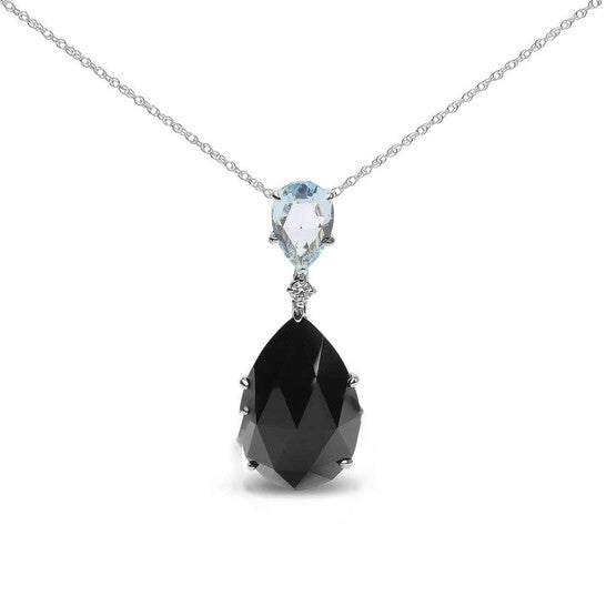 Original 18K White Gold Diamond Accent and Pear Cut Sky Blue Topaz and Pear Cut Black Onyx Dangle Drop 18" Necklace (G-H Color, SI1-SI2 Clarity)