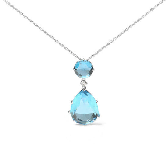 Original 18K White Gold Diamond Accent and Round London Blue Topaz and Pear Cut Sky Blue Topaz Dangle Drop 18" Necklace