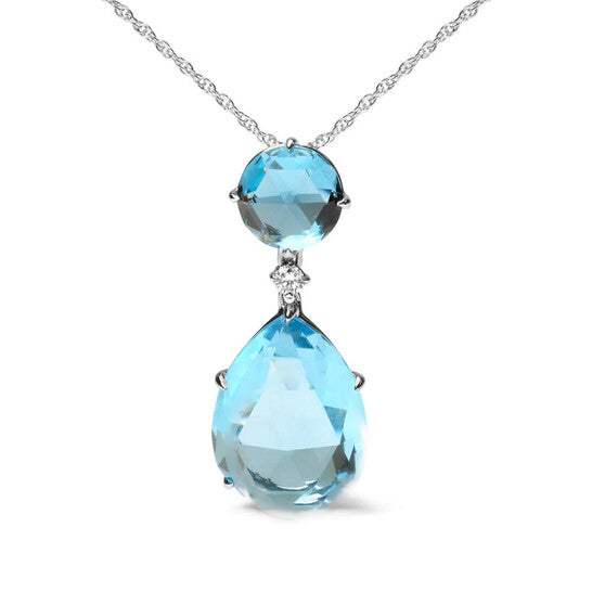 Original 18K White Gold Diamond Accent and Round London Blue Topaz and Pear Cut Sky Blue Topaz Dangle Drop 18" Necklace