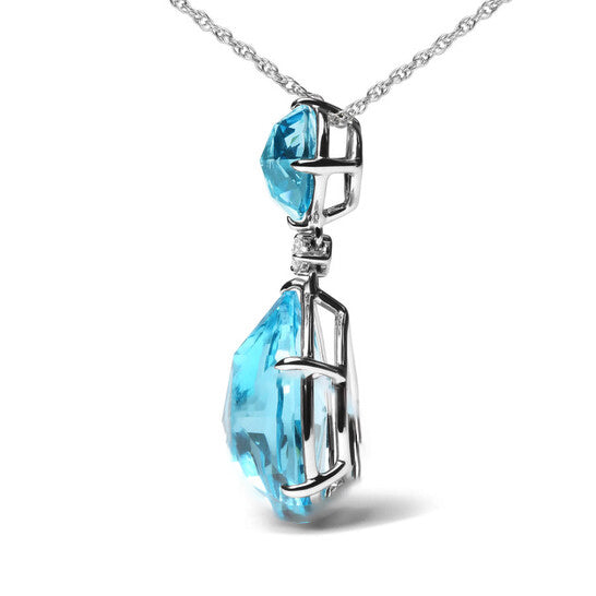 Original 18K White Gold Diamond Accent and Round London Blue Topaz and Pear Cut Sky Blue Topaz Dangle Drop 18" Necklace