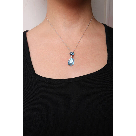 Original 18K White Gold Diamond Accent and Round London Blue Topaz and Pear Cut Sky Blue Topaz Dangle Drop 18" Necklace