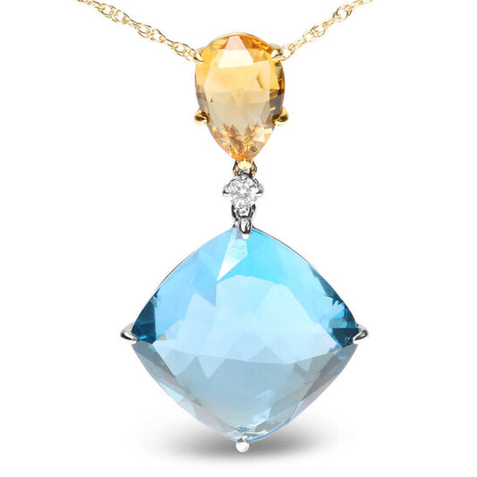 Original 18K White & Yellow Gold Diamond Accent & Pear Cut Lemon Quartz & Cushion Cut London Blue Topaz Gemstone Dangle Drop 18" Necklace