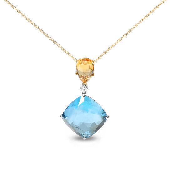 Original 18K White & Yellow Gold Diamond Accent & Pear Cut Lemon Quartz & Cushion Cut London Blue Topaz Gemstone Dangle Drop 18" Necklace