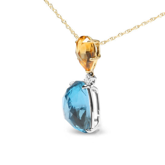 Original 18K White & Yellow Gold Diamond Accent & Pear Cut Lemon Quartz & Cushion Cut London Blue Topaz Gemstone Dangle Drop 18" Necklace