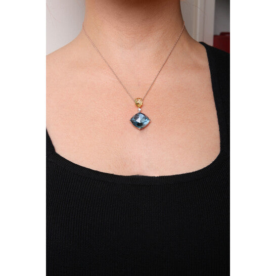 Original 18K White & Yellow Gold Diamond Accent & Pear Cut Lemon Quartz & Cushion Cut London Blue Topaz Gemstone Dangle Drop 18" Necklace