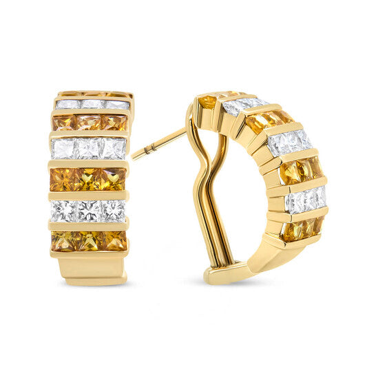 Original 18K Yellow Gold 1 3/4 Cttw Invisible Set Princess Cut Diamond and 2.5mm Yellow Sapphire Huggie Hoop Earrings (F-G Color, VS1-VS2 Clarity)