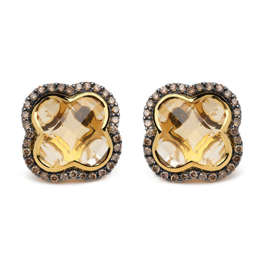 Original 18K Yellow Gold 1/2 Cttw Brown Diamond and 11x11mm Clover-Cut Yellow Citrine Gemstone Clover Halo Stud Earrings