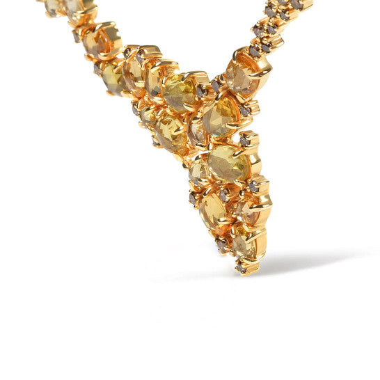 Original 18K Yellow Gold 1/2 Cttw Brown Diamond and Multi-Size Oval Yellow Sapphire Cluster Cascade Station Necklace (Brown, SI1-SI2)