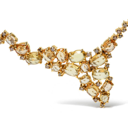 Original 18K Yellow Gold 1/2 Cttw Brown Diamond and Multi-Size Oval Yellow Sapphire Cluster Cascade Station Necklace (Brown, SI1-SI2)