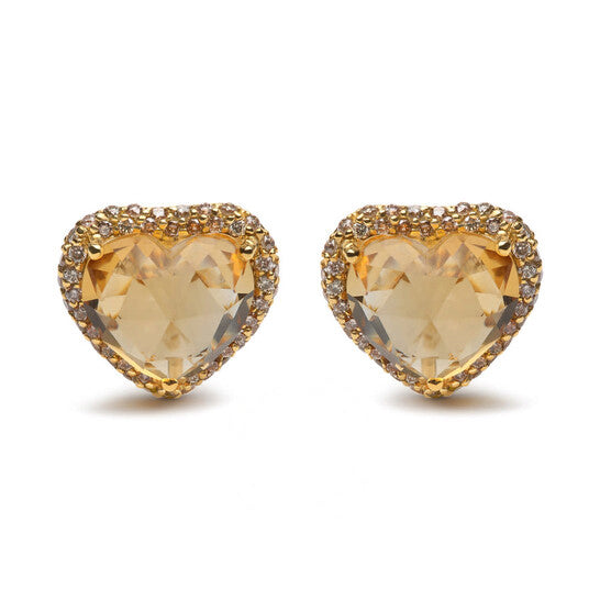 Original 18K Yellow Gold 2/3 Cttw Brown Diamonds and 11x11mm Heart-Cut Yellow Citrine Gemstone Halo Heart Stud Earrings