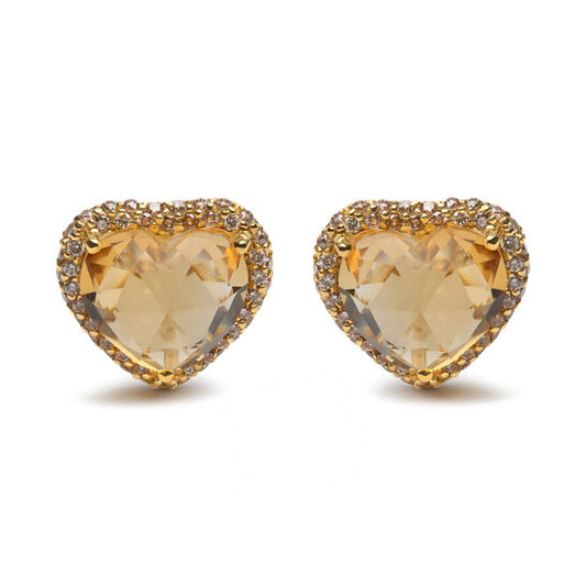 Original 18K Yellow Gold 2/3 Cttw Brown Diamonds and 11x11mm Heart-Cut Yellow Citrine Gemstone Halo Heart Stud Earrings