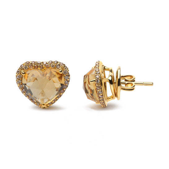 Original 18K Yellow Gold 2/3 Cttw Brown Diamonds and 11x11mm Heart-Cut Yellow Citrine Gemstone Halo Heart Stud Earrings