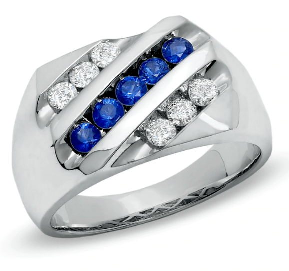 $2000 Men's 1/2 CT.Diamond & Blue Sapphire Slant Band in 14K White Gold