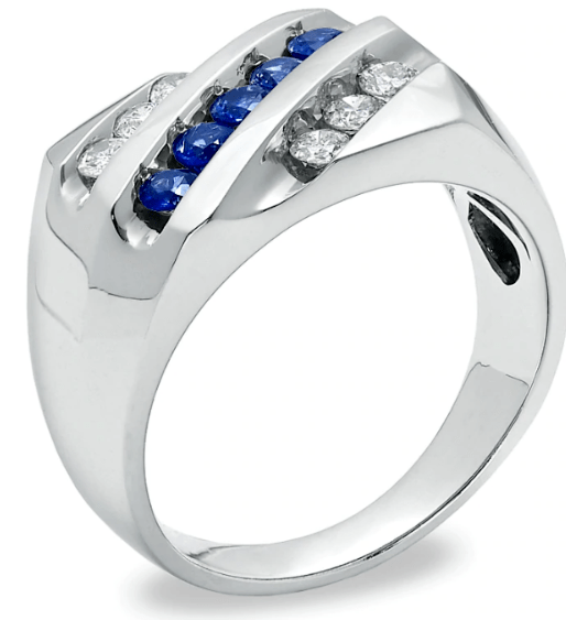 $2000 Men's 1/2 CT.Diamond & Blue Sapphire Slant Band in 14K White Gold