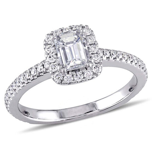 Original 7/8 CT TW Emerald Cut and Round Diamond Engagement Ring in 14k White Gold