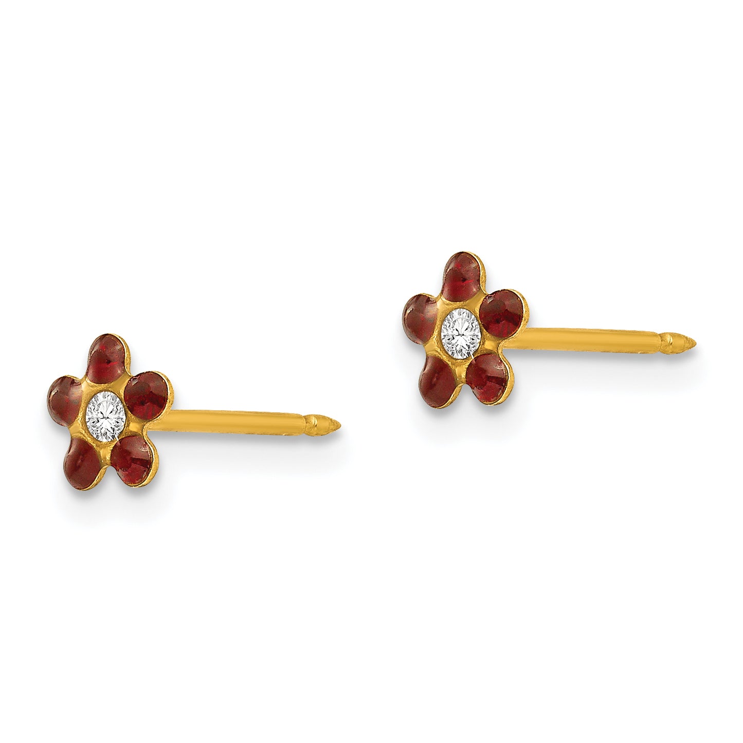 14K Yellow Gold Inverness January Red Crystal Birthstone Flower Earrings