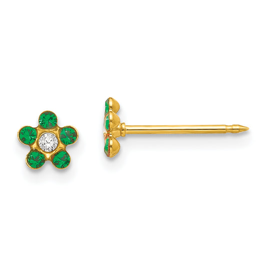 14K Yellow Gold Inverness May Green Crystal Birthstone Flower Earrings