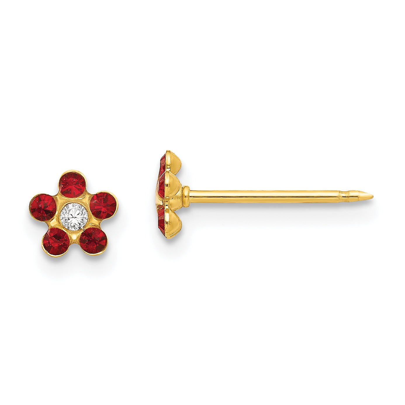 14K Yellow Gold Inverness July Red Crystal Birthstone Flower Earrings