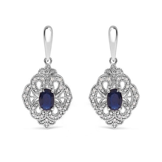 Original .925 Sterling Silver 6x4 MM Oval Blue Sapphire and White Diamond Accent Art Deco Style Shield Dangle Earring (I-J Color, I3 Clarity)