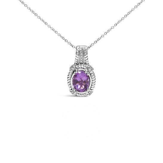 Original .925 Sterling Silver 9x7mm Oval Purple Amethyst and Round Diamonds 1/50 Cttw Fashion Drop Pendant  (I-J Color, I1-I2 Clarity)