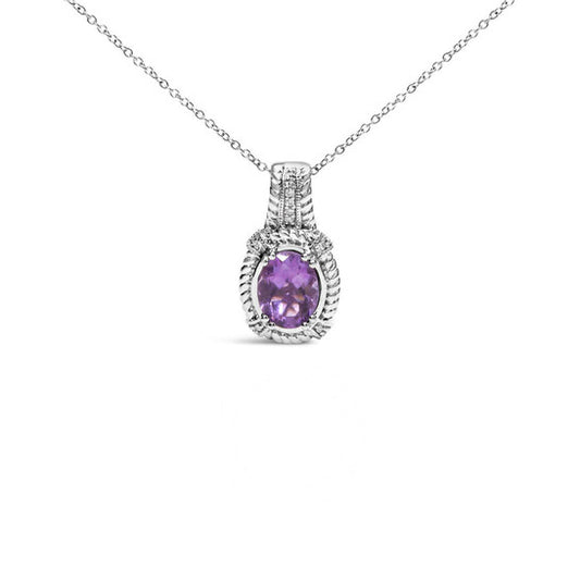 Original .925 Sterling Silver 9x7mm Oval Purple Amethyst and Round Diamonds 1/50 Cttw Fashion Drop Pendant  (I-J Color, I1-I2 Clarity)